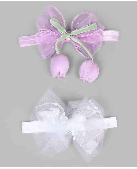Babyhug Free Size Organza Tulip Bow Headbands with Sheer Layered Net Fabric Pack of 2 - Lavender & Pink