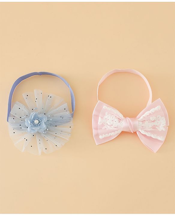 Babyhug Headbands With Floral Bow & Pearl Applique Pack of 2 Free Size-Blue/Pink
