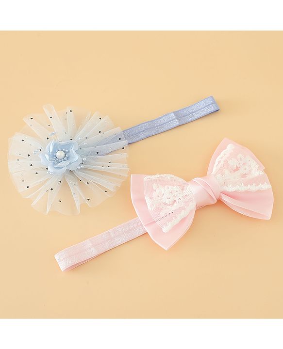 Babyhug Headbands With Floral Bow & Pearl Applique Pack of 2 Free Size-Blue/Pink