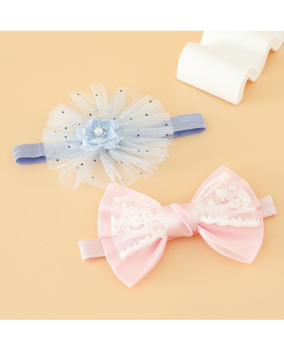 Babyhug Headbands With Floral Bow & Pearl Applique Pack of 2 Free Size-Blue/Pink