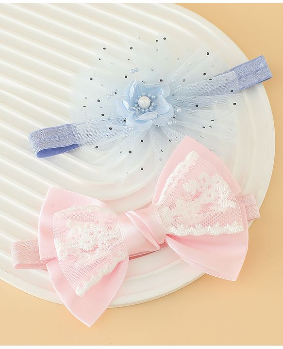 Babyhug Headbands With Floral Bow & Pearl Applique Pack of 2 Free Size-Blue/Pink