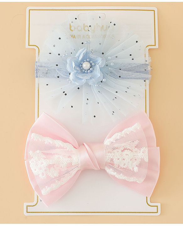 Babyhug Headbands With Floral Bow & Pearl Applique Pack of 2 Free Size-Blue/Pink