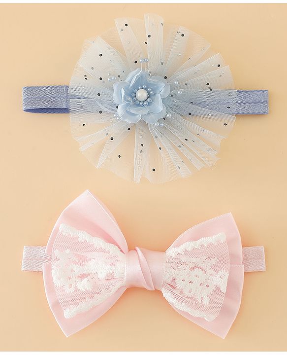 Babyhug Headbands With Floral Bow & Pearl Applique Pack of 2 Free Size-Blue/Pink