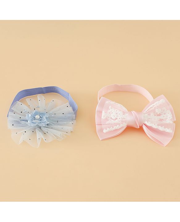 Babyhug Headbands With Floral Bow & Pearl Applique Pack of 2 Free Size-Blue/Pink