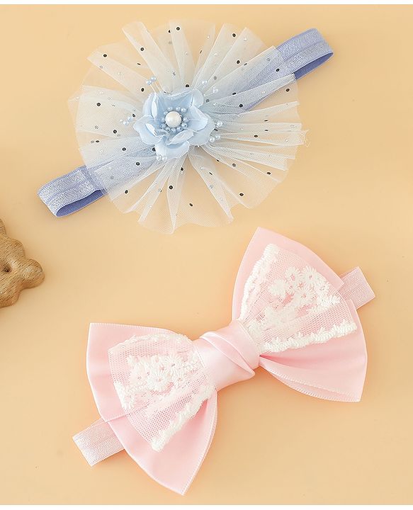 Babyhug Headbands With Floral Bow & Pearl Applique Pack of 2 Free Size-Blue/Pink
