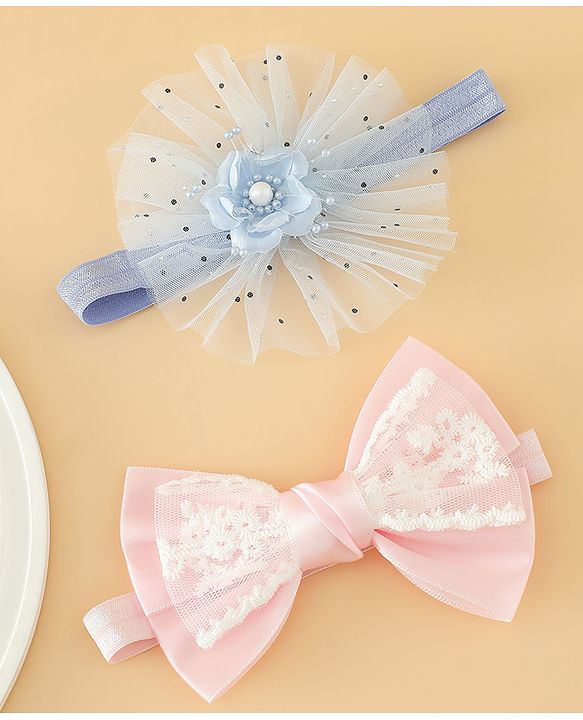 Babyhug Headbands With Floral Bow & Pearl Applique Pack of 2 Free Size-Blue/Pink