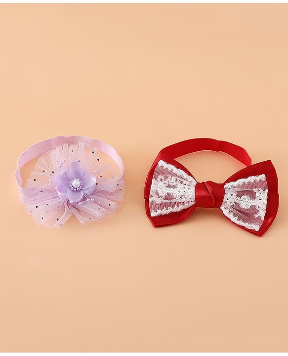 Babyhug Headbands With Floral Bow & Pearl Applique Pack of 2 Free Size-Blue/Pink