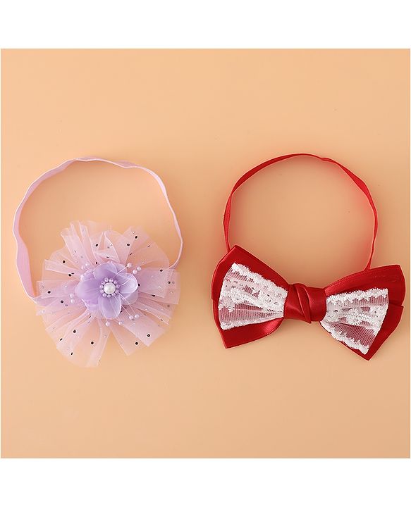 Babyhug Headbands With Floral Bow & Pearl Applique Pack of 2 Free Size-Blue/Pink
