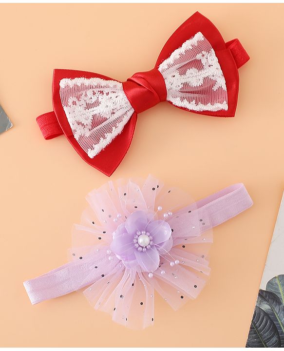 Babyhug Headbands With Floral Bow & Pearl Applique Pack of 2 Free Size-Blue/Pink
