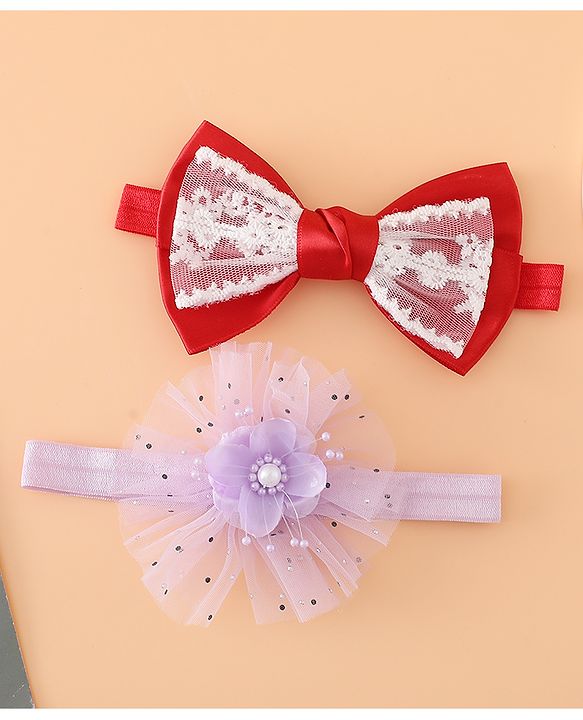 Babyhug Headbands With Floral Bow & Pearl Applique Pack of 2 Free Size-Blue/Pink