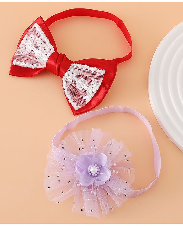 Babyhug Headbands With Floral Bow & Pearl Applique Pack of 2 Free Size-Blue/Pink