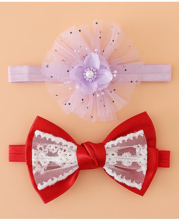 Babyhug Headbands With Floral Bow & Pearl Applique Pack of 2 Free Size-Blue/Pink