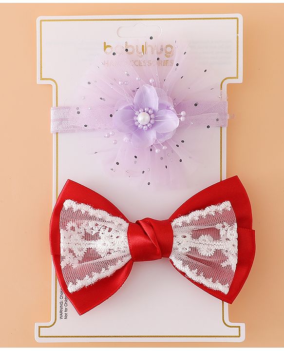 Babyhug Headbands With Floral Bow & Pearl Applique Pack of 2 Free Size-Blue/Pink