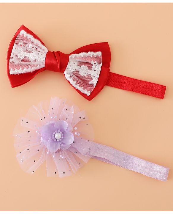 Babyhug Headbands With Floral Bow & Pearl Applique Pack of 2 Free Size-Blue/Pink