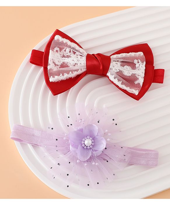 Babyhug Headbands With Floral Bow & Pearl Applique Pack of 2 Free Size-Blue/Pink
