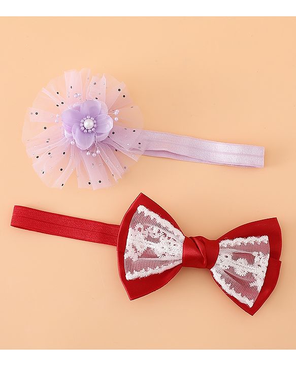 Babyhug Headbands With Floral Bow & Pearl Applique Pack of 2 Free Size-Blue/Pink