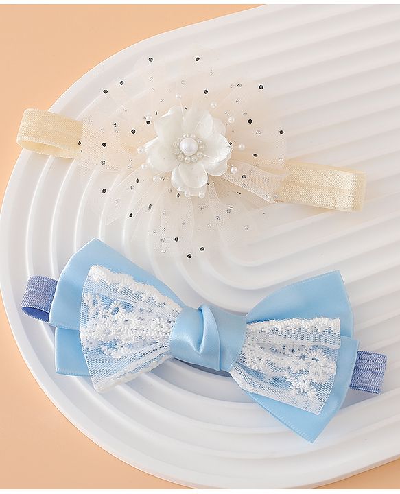Babyhug Headbands With Floral Bow & Pearl Applique Pack of 2 Free Size-Blue/Pink