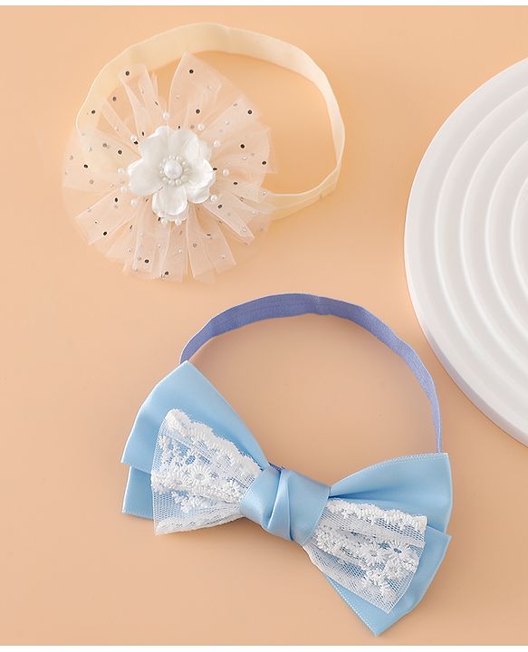 Babyhug Headbands With Floral Bow & Pearl Applique Pack of 2 Free Size-Blue/Pink