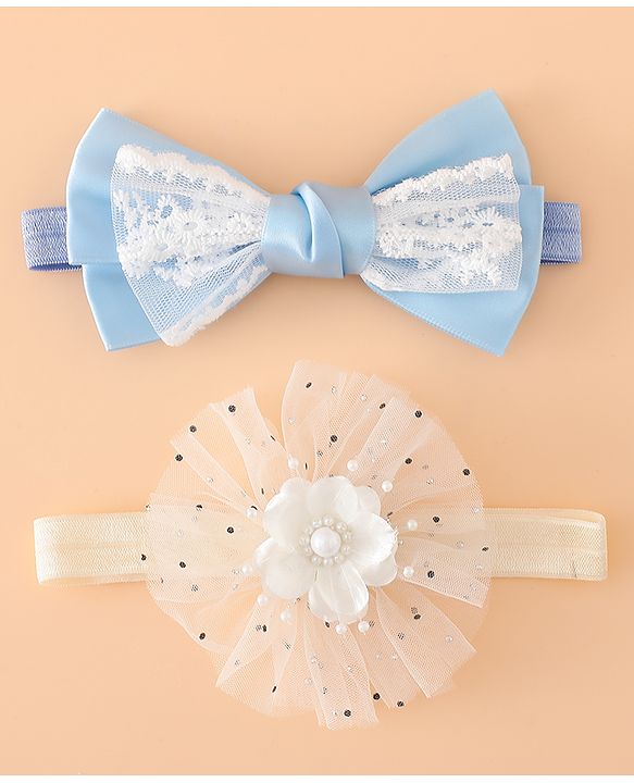 Babyhug Headbands With Floral Bow & Pearl Applique Pack of 2 Free Size-Blue/Pink