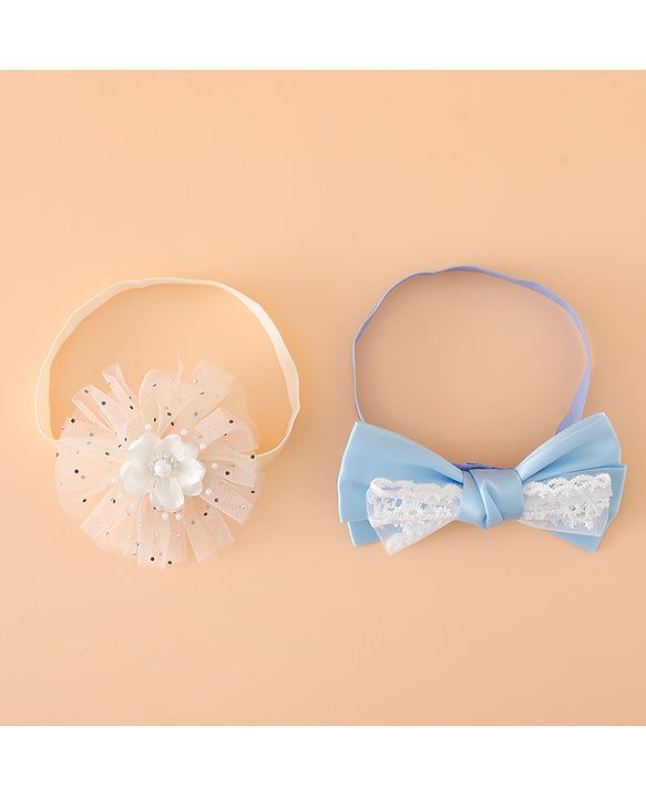 Babyhug Headbands With Floral Bow & Pearl Applique Pack of 2 Free Size-Blue/Pink