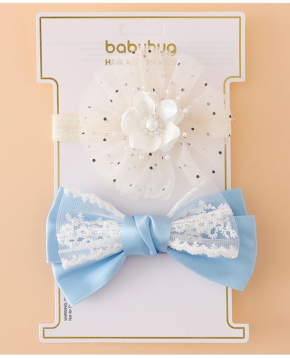 Babyhug Headbands With Floral Bow & Pearl Applique Pack of 2 Free Size-Blue/Pink
