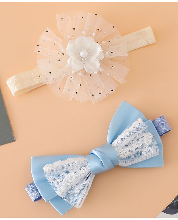 Babyhug Headbands With Floral Bow & Pearl Applique Pack of 2 Free Size-Blue/Pink