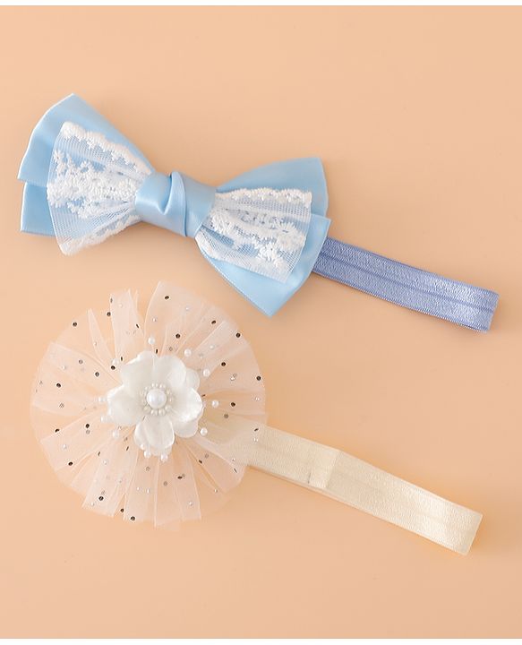 Babyhug Headbands With Floral Bow & Pearl Applique Pack of 2 Free Size-Blue/Pink