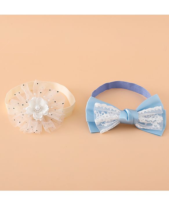 Babyhug Headbands With Floral Bow & Pearl Applique Pack of 2 Free Size-Blue/Pink