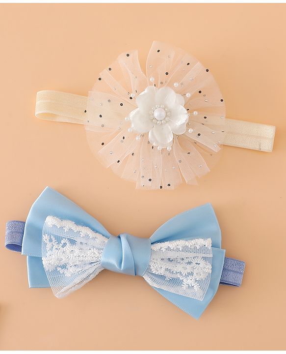 Babyhug Headbands With Floral Bow & Pearl Applique Pack of 2 Free Size-Blue/Pink