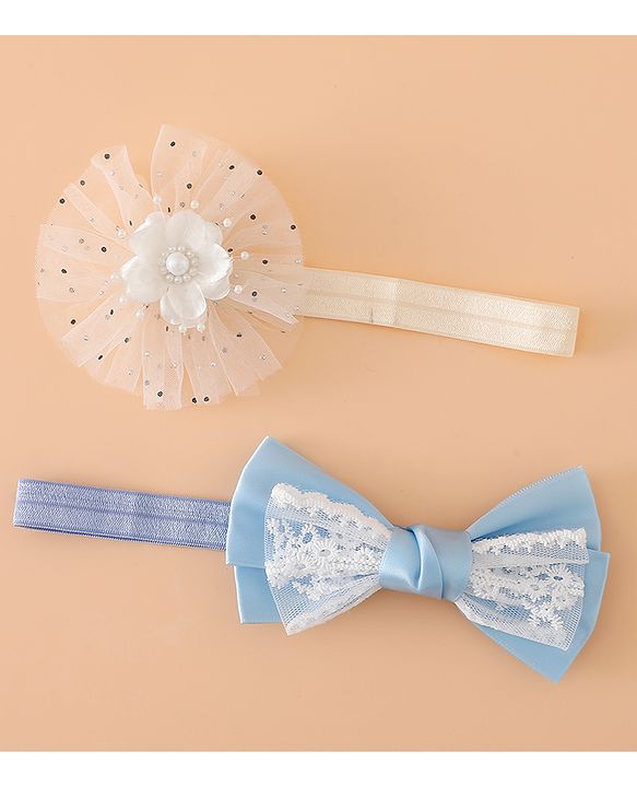 Babyhug Headbands With Floral Bow & Pearl Applique Pack of 2 Free Size-Blue/Pink