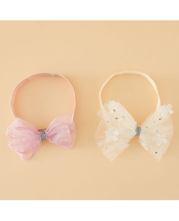 Babyhug Headband With Bow Applique Pack of 2 Free Size -Pink/Off White
