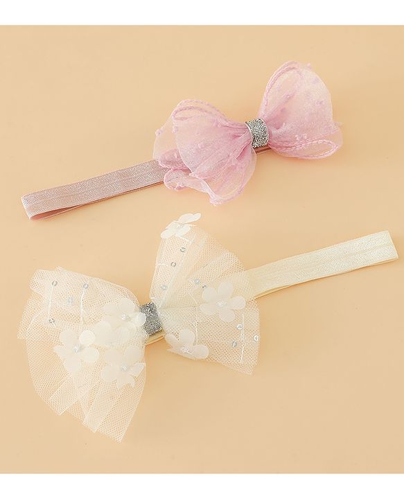 Babyhug Headband With Bow Applique Pack of 2 Free Size -Pink/Off White