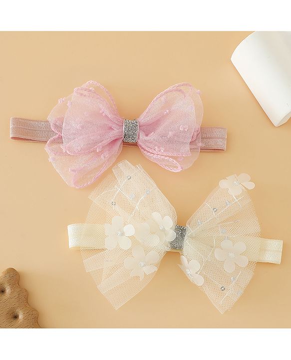 Babyhug Headband With Bow Applique Pack of 2 Free Size -Pink/Off White