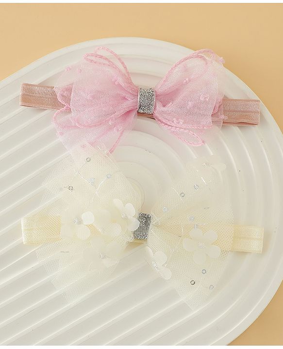 Babyhug Headband With Bow Applique Pack of 2 Free Size -Pink/Off White