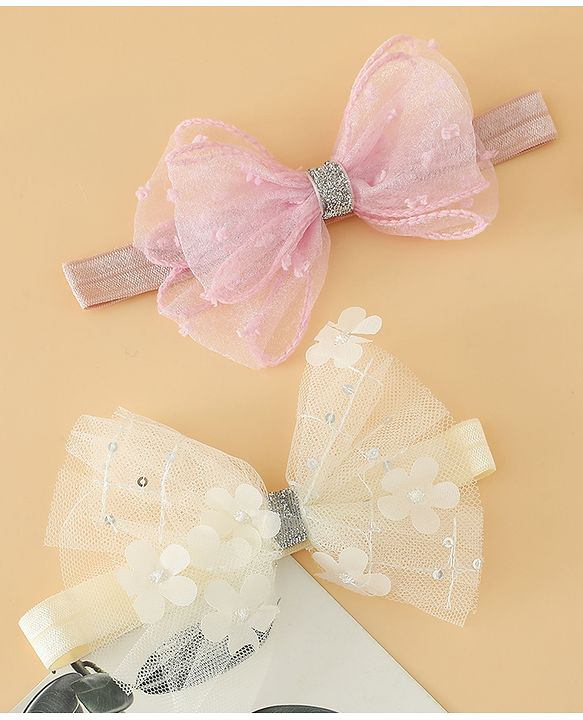 Babyhug Headband With Bow Applique Pack of 2 Free Size -Pink/Off White