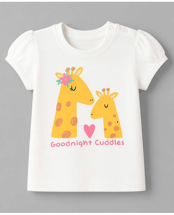 Babyhug Cotton Knit Half Sleeves T-Shirt & Capri Night Suit With Giraffe & Heart Print - White & Pink