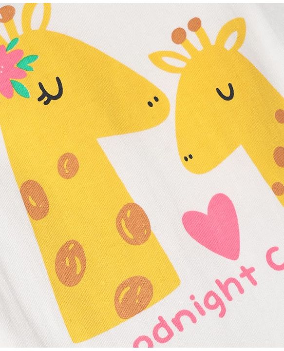 Babyhug Cotton Knit Half Sleeves T-Shirt & Capri Night Suit With Giraffe & Heart Print - White & Pink