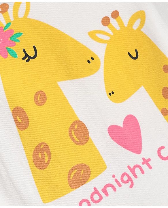 Babyhug Cotton Knit Half Sleeves T-Shirt & Capri Night Suit With Giraffe & Heart Print - White & Pink