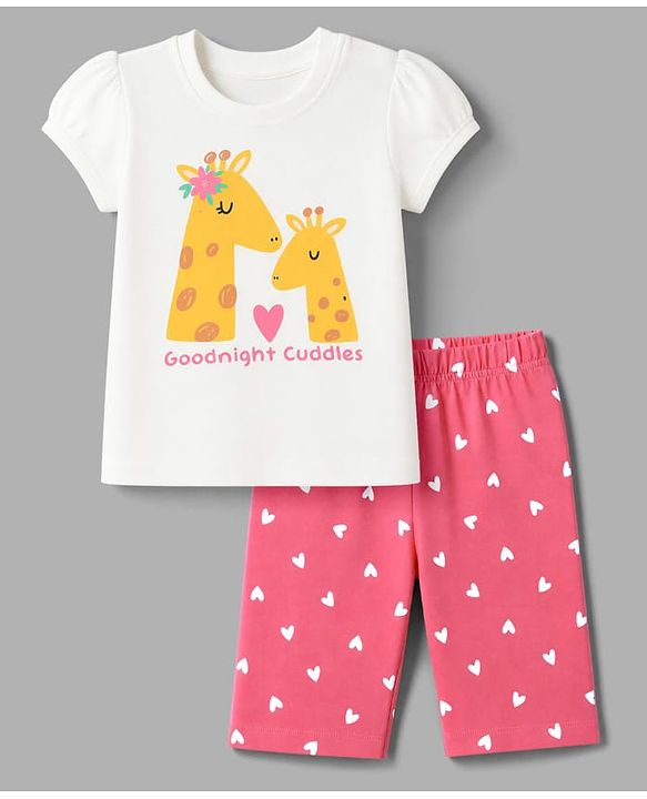 Babyhug Cotton Knit Half Sleeves T-Shirt & Capri Night Suit With Giraffe & Heart Print - White & Pink