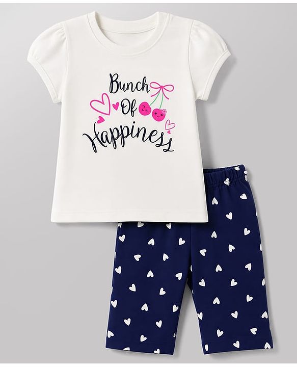Babyhug 100% Cotton Knit Half Sleeves T-Shirt & Capri Night Suit with Heart & Text Print - White