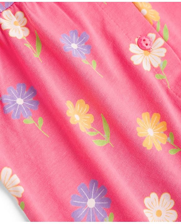 Babyhug 100% Cotton Knit Half Sleeves Front Open Top & Pyjama Night Suit with Floral Print - Pink