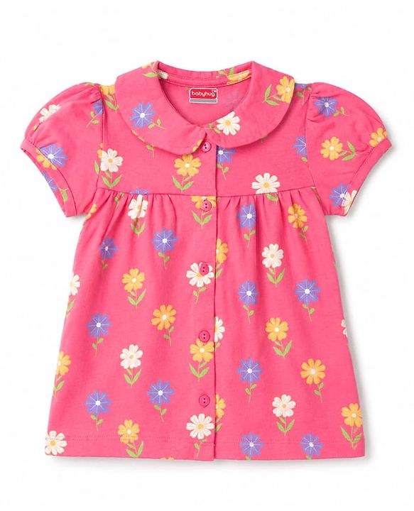 Babyhug 100% Cotton Knit Half Sleeves Front Open Top & Pyjama Night Suit with Floral Print - Pink