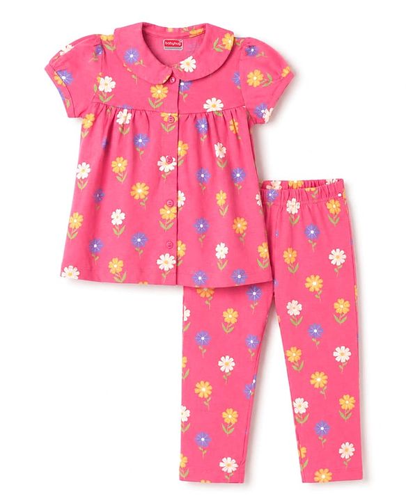 Babyhug 100% Cotton Knit Half Sleeves Front Open Top & Pyjama Night Suit with Floral Print - Pink