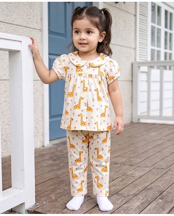 Babyhug 100% Cotton Knit Half Sleeves Top & Pyjama Night Suit Co-ords With Giraffe Print - White