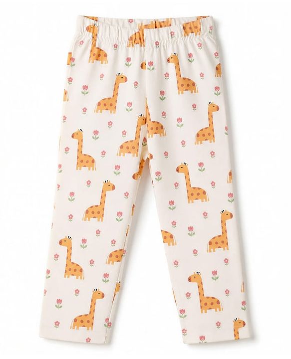Babyhug 100% Cotton Knit Half Sleeves Top & Pyjama Night Suit Co-ords With Giraffe Print - White