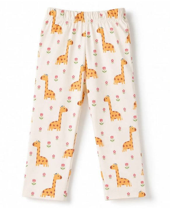 Babyhug 100% Cotton Knit Half Sleeves Top & Pyjama Night Suit Co-ords With Giraffe Print - White