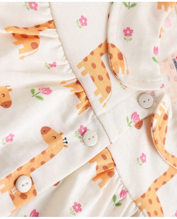 Babyhug 100% Cotton Knit Half Sleeves Top & Pyjama Night Suit Co-ords With Giraffe Print - White