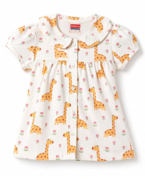 Babyhug 100% Cotton Knit Half Sleeves Top & Pyjama Night Suit Co-ords With Giraffe Print - White
