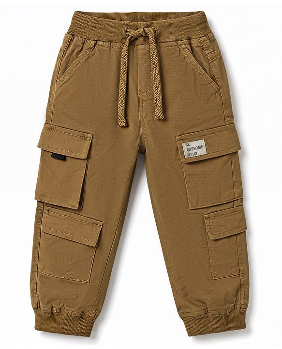 Babyhug Twill Woven Full Length Trousers with Text Patch & Cargo Pockets - Yellow