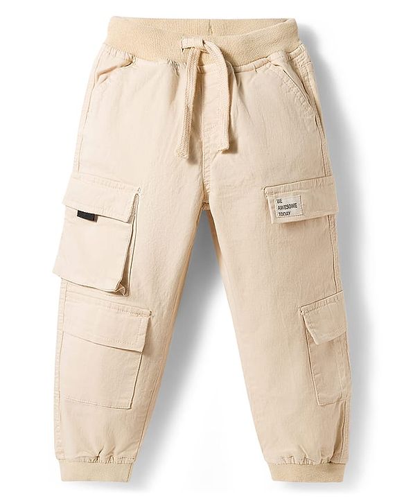 Babyhug Twill Woven Full Length Trousers with Text Patch & Cargo Pockets - Beige